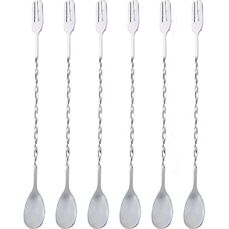 Cuillère À Cocktail - Cuillère À Mélanger Longue Avec Fourchette - Acier Inoxydable 304 - Motif Spiralé - 25 cm - Pour Bar Maison Ou Professionnel - 6 Pièces (1/5)