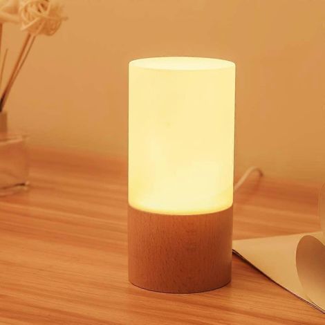 Lampe de table LED en bois, petite lampe de chevet, éclairage LED à intensité variable, lampe cadeau unique en bois de hêtre naturel. (1/5)