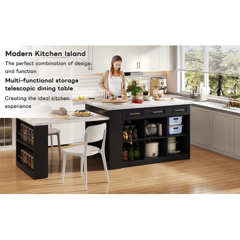 Îlot de cuisine blanc et noir en bois avec plateau effet marbre, table extensible et placards intégrés pour cuisine et salle à (1/5)