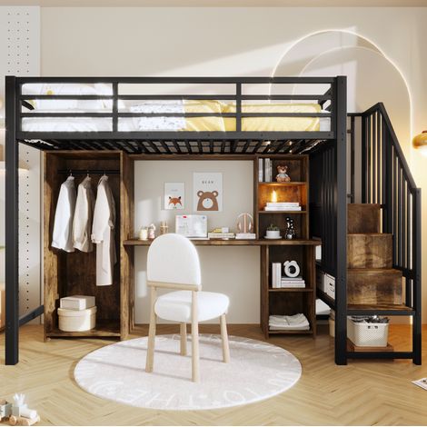 Letto a soppalco 90x200 cm in metallo nero con armadio, scrivania e contenitori integrati