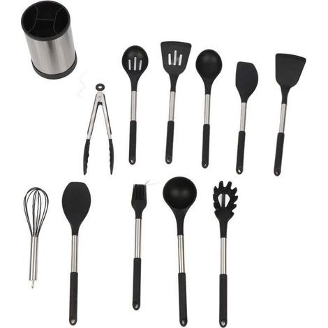 Juego de 12 utensilios de cocina de silicona con mango, resistentes al calor, antiadherentes, espátula, cuchara, aptos para lavavajillas, mejores herramientas de cocina (negro) (1/4)