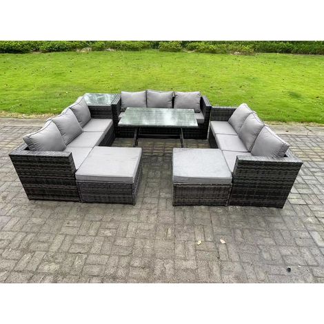 Fimous 11 places Ensemble de canapé en rotin extérieur avec Table à manger Table d'appoint 2 Grand tabourets Gris foncé mixte (1/5)
