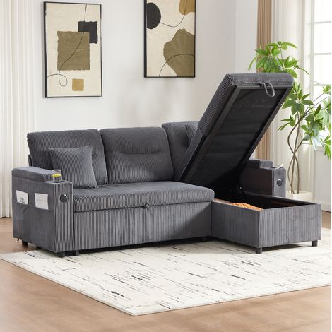 Moderne 3-Personen Cordsofa mit Stauraum, Getränkehaltern und USB-C. hydraulischer Chaiselongue und Schubladenbett – Stilvolles Design trifft Komfort, Flexibilität und wohnliche Atmosphäre. (1/5)
