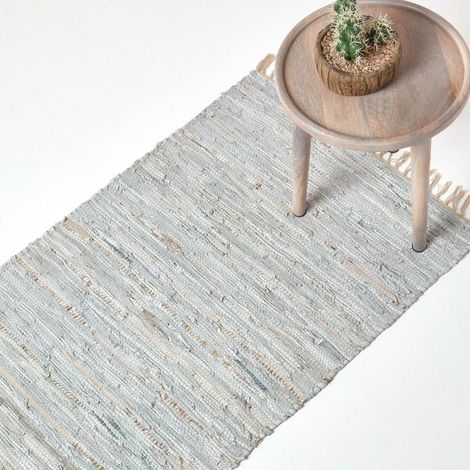 HOMESCAPES Glitzer-Lederteppich silber-natur 66x200 cm, Teppichläufer aus Recycling-Leder