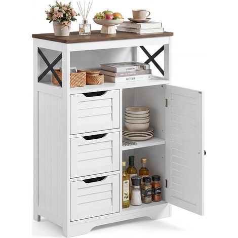 Buffet Salon, Meuble à Lamelles avec Tiroir et étagères Ouvertes, Étagères Réglables, pour Cuisine, Couloir, Salle de Bain, Salon, 56 x 30 x 87 cm, Blanc (1/5)