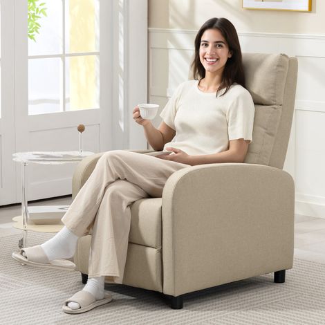 Sillón Relax Reclinable Manual hasta 155º Apertura Push con Reposapiés Respaldo Alto Acolchado Grueso Beige (1/5)