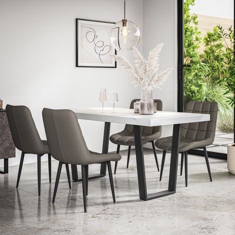 Aria Dining Table And Chairs - White Marble Effect Table Top w Black Legs + Nova Faux Leather Dining Chair Set Of 4 (Grey) (1/5)