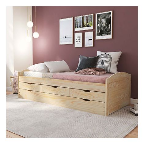 Lit simple 90 x 200 cm en pin massif vernis – Sommier inclus – Tiroir de rangement sur roulettes – Design chaleureux – Inter Link (1/10)