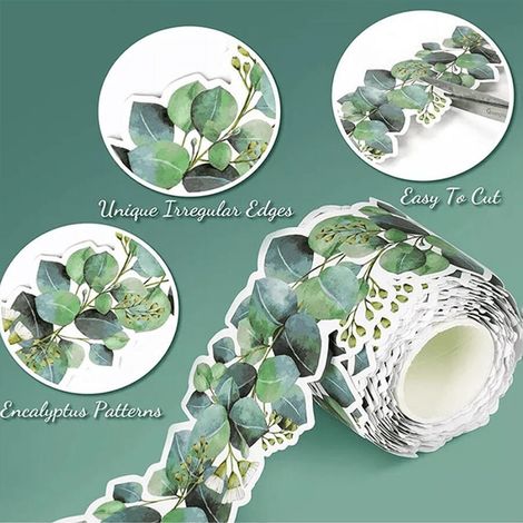 Rouleau de Bande Décorative à Motifs de Feuilles d'Eucalyptus Vert, Autocollants pour Ardoise et Panneau d'Affichage, Taille S, pour Anniversaires (1/5)