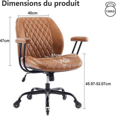 Chaises, bouées de bureau reliées chacune à une chaise robotisée et à des dossiers permettant de faire pivoter les chaises administratives alignées et roulantes, en cuir marron. (1/5)