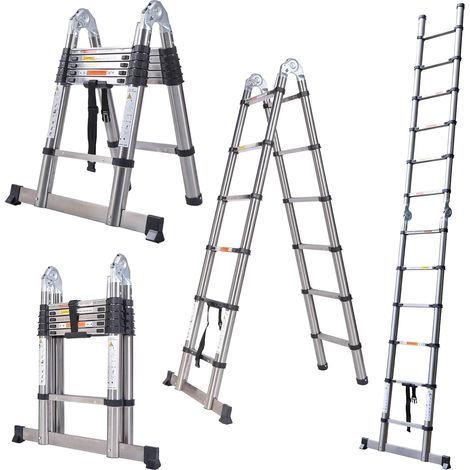Échelle télescopique en acier inoxydable de 6,2 pieds, stabilisateur réglable, pieds antidérapants, échelle télescopique portant 150 kg(1,9 + 1,9 mètres)