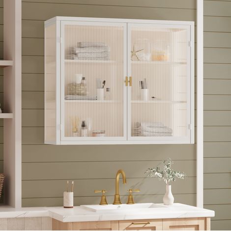 Mueble de almacenamiento mural 70x23x60 cm con 2 puertas, 3 niveles, para entrada, metal y vidrio templado blanco (1/5)