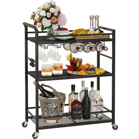Chariot de Bar Desserte pour Boissons Chariot de Service à 3 Niveaux sur roulettes Chariot de Cuisine Roulant pour La Fête à la Maison Noir (1/5)
