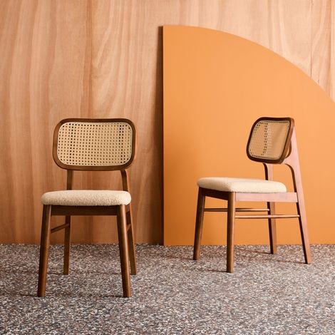 Lot de 2 chaises vintage bois d'hévéa cannage et bouclette Mani Noyer / Crème (1/5)