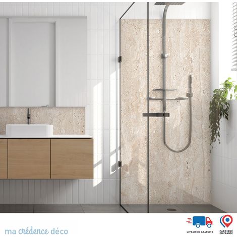 Panneau de douche : Marbre clair de Breccia - Couleur Beige ivoire - Alu composite - 90 - 245 (1/4)