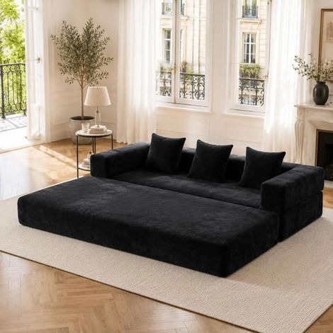 Canapé Convertible 3 Places En Tissu Noir, Avec 3 Coussins - Canapé-Lit - Pliable, Gain De Place, Design Moderne, Ultra Confortable. (1/5)