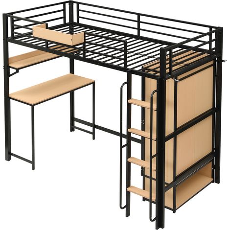 Hochbett aus Eisen mit Kleiderschrank, Schreibtisch und Regal, 90x200 cm, schwarz/natur (1/5)