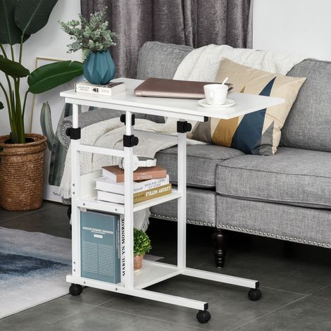 HOMCOM Beistelltisch mit Rollen, 80 x 40 cm, C-förmig, höhenverstellbar (3 Stufen, 72–82 cm), Metallgestell, für Wohnzimmer und Küche, Weiß