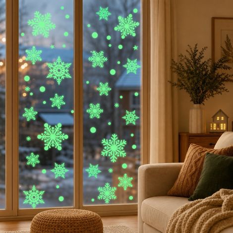 Lot de 5 Stickers Noel Flocons Lumineux Phosphorescents PVC 30 x 20 cm Effet Nuit (1/4)