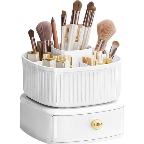 Kosmetik-Organizer mit Schubladen, 360° drehbarem Make-up-Pinselhalter, Organizer mit großem Fassungsvermögen (Weiß) (1/5)