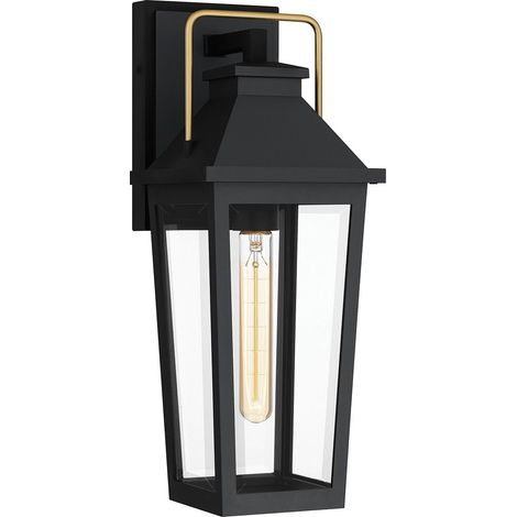 Elstead Quoizel Buckley Lanterne murale d'extérieur moyenne, classique, noir mat, finition laiton, IP44, 1 ampoule E27