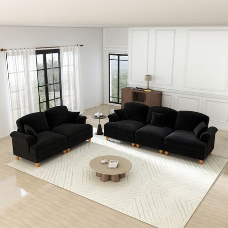 Canapé 5 places en chenille, style Mid-Century moderne, accoudoirs évasés, jupe amovible, pieds en bois, confortable salon, noir-3 places+2 places (1/5)