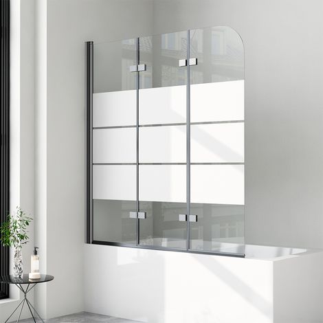 WDWRITTI Schwarz Duschwand für Badewanne 130x140 cm Badewannenaufsatz 3-teilig Duschtrennwand für Badewanne Duschwand Badewanne Duschabtrennung Badewanne, 6mm ESG Glas mit Milchglas Streifen