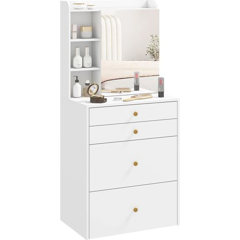 Schminktisch mit Spiegel und gepolstertem Hocker, kompakter Frisiertisch mit Schrank, Schubladen und offenen Ablagen, Weiß (1/5)