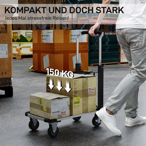 Diable pliable en métal noir, capacité 150 kg, plateau extensible, poignée télescopique réglable, pour cartons et colis (1/4)