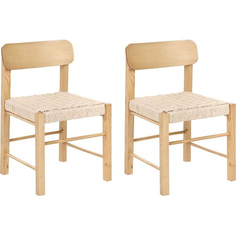 Set of 2 Dining Chairs Light Brown Rubberwood Paper Rope Woven Seat Boho Style Kitchen Dining Room ALLOS