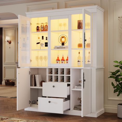 Vitrine blanche 130 x 37,5 x 170,5 cm avec LED, 2 tiroirs et 8 casiers à vin (1/5)