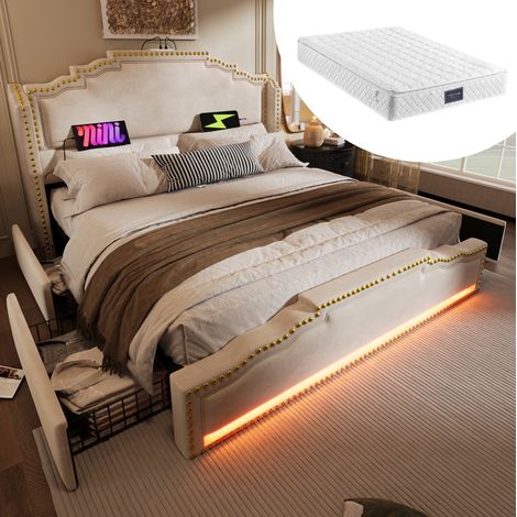lit adulte double rangement LED 140x200 velours beige OKMYHOME (1/5)