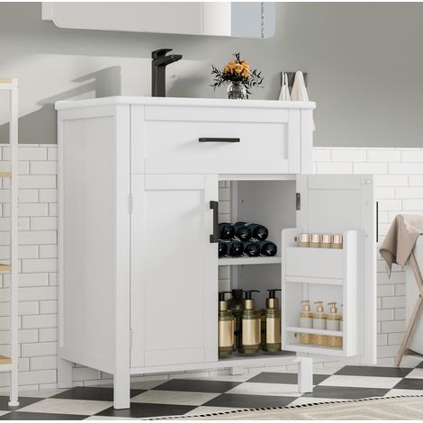 Mobile bagno con lavabo 60x46x84 cm, freestanding, doppia anta, cassetto reversibile, MDF e ceramica, bianco (1/5)