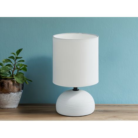 LED Tischleuchte Keramik Weiß runder Stofflampenschirm in Weiß, Höhe 23cm (1/5)