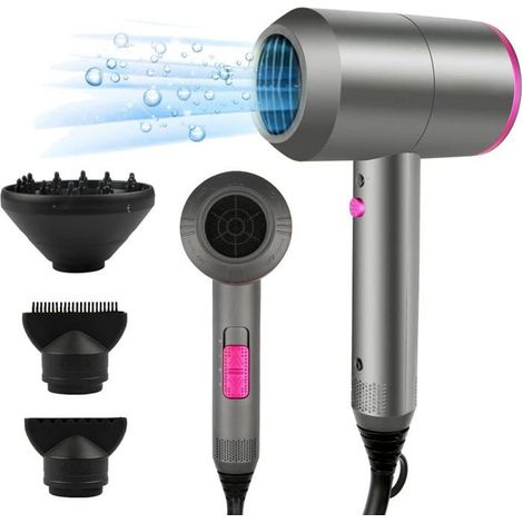 BelleRise - Sèche-cheveux ionique professionnel avec 2 vitesses, 3 niveaux de chaleur, bouton air froid, 1 diffuseur et 2 concentrateurs. (1/5)