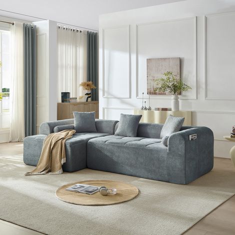 Canapé d'angle bleu en tissu chenille confortable, 263 cm de large, compressé et emballé sous vide pour une livraison facile. (1/5)