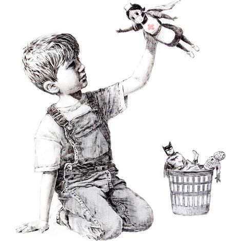 Tableau noir & blanc pour chambre enfant | Tableau moderne petit garçon jouant à la poupée | Tableau original pour salon 0,5 x 0,7 m (1/2)