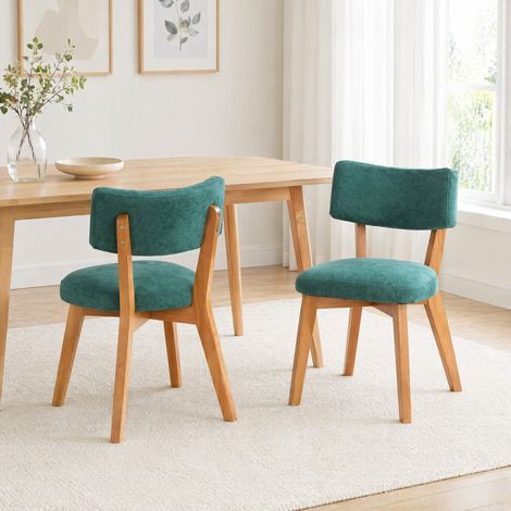 Lote de 2 sillas de comedor estilo mid-century, madera, tejido verde, 54,5x47x77 cm (1/5)