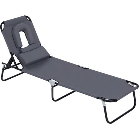 Chaise longue pliante , chaise longue de jardin avec appui-tête, fauteuil inclinable avec dossier réglable 4 positions, chaise longue de camping avec ouverture pour le visage, supporte jusqu'à 120 kg, (1/5)