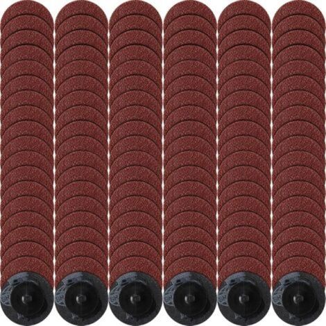 2-inch red sanding discs, 114 grit, with 120 grit rollers for surface polishing, deburring and rust removal. (1/5)