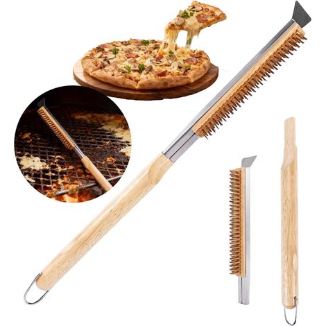 53cm Brosse pour Four à Pizza avec Acier Inoxydable Grattoir, Outil de Nettoyage pour Barbecue avec Poils en Laiton pour Pierre à Pizza, Grille Barbecue (1/5)