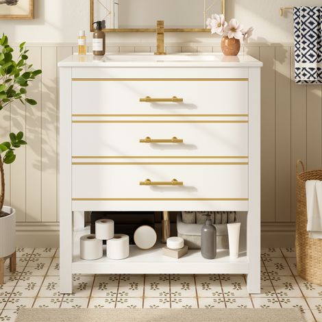 Mueble de lavabo 76 x 46,5 x 86 cm de MDF blanco y dorado con almacenaje FloraGrace (1/5)
