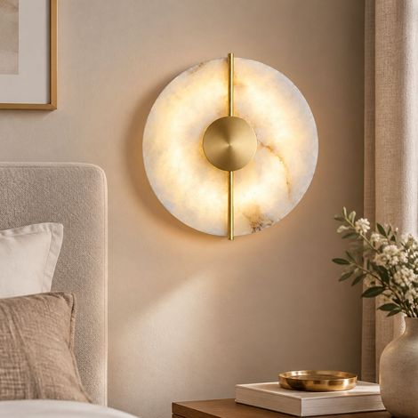 Lussuosa lampada da parete in rame e marmo con finitura dorata, luce LED soffusa per soggiorno o camera da letto, raffinato stile moderno e rotondo. (1/4)