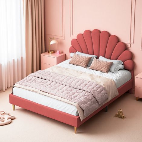 Letto matrimoniale 140x190 cm - Letto imbottito per adulti - testiera a petalo - velluto - rete a doghe - letto princess - Rosso fagiolo
