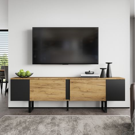 Meuble TV 180x40x55 cm naturel en panneau de particules avec 2 portes, rangements ouverts et fermeture douce (1/5)