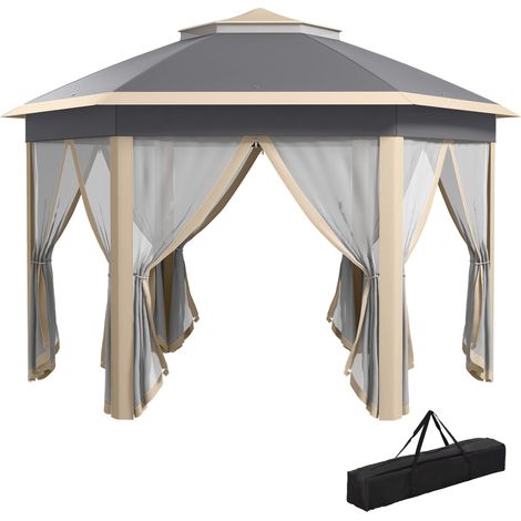 Outsunny 3x4m Hexagon Gazebo w/ Metal Frame Mesh Curtains Outdoor Garden Khaki