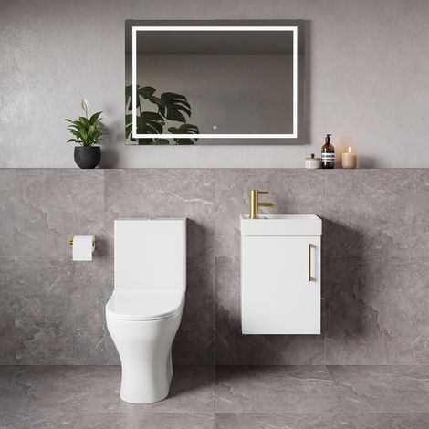 Napoli Cube Gloss White 400mm Single Door Wall Mounted Vanity Unit and Jubilee Toilet Suite with Align Basin - 400mm - Brushed Brass 160mm Handle