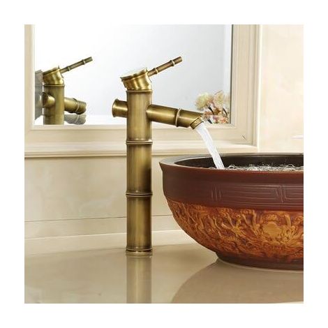 Robinet de lavabo en laiton antique robinet de style bambou finition bronze vintage robinet d'évier en cuivre mitigeur chaud et col (Color : 6)