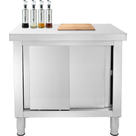 Armoire de travail avec portes coulissantes à 3 étages en acier inoxydable - Plan de travail d'extérieur avec armoire - Table de travail commerciale avec portes - 80 x 60 x 80 cm (1/5)