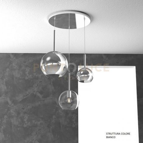 SOSP. BIANCO TONDA 3 LUCI VETRI 1 GRANDE CROMO+1 MEDIO TRASPARENTE+1 PICCOLO CROMO 1155BI-S3 TMIX-TC